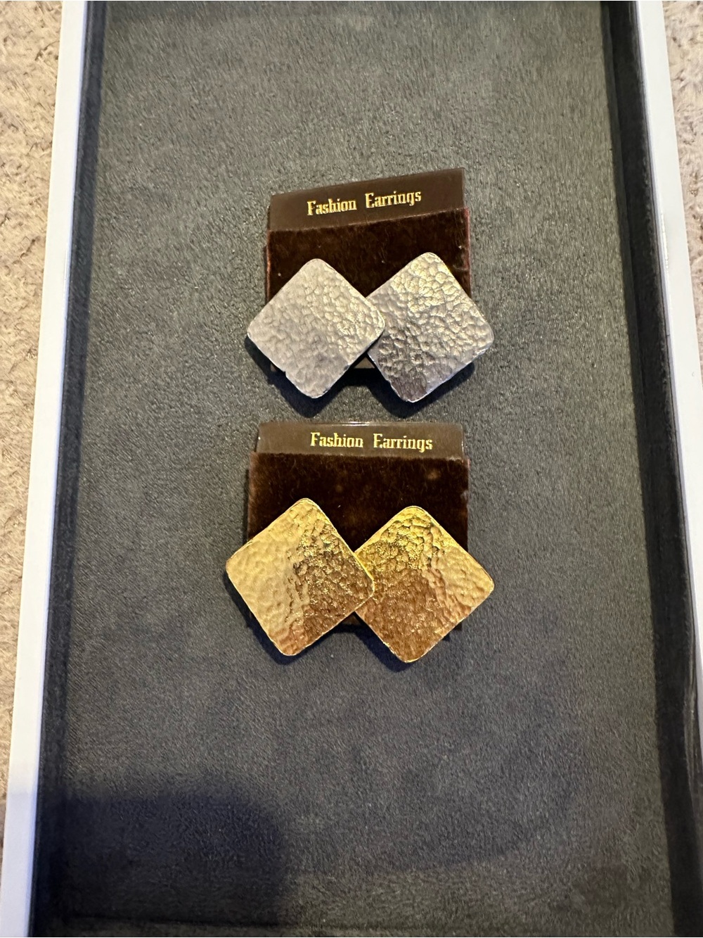 Textured Square Metal Clip-On Earrings - Gold and Silver Pair
Vintage